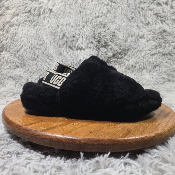 UGG Australia Fluff Yeah Womens Sz 8 Black Sheepskin Elastic Comfy Winter Slides - Picture 10 of 10